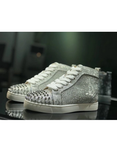 Discount Christian Louboutin Lou Spikes High-top Sneakers Glitter Leather Silver OutletOnline