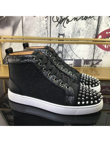 Fake Christian Louboutin Lou Spikes Orlato High-top Sneakers Nubuck And Leather Black White