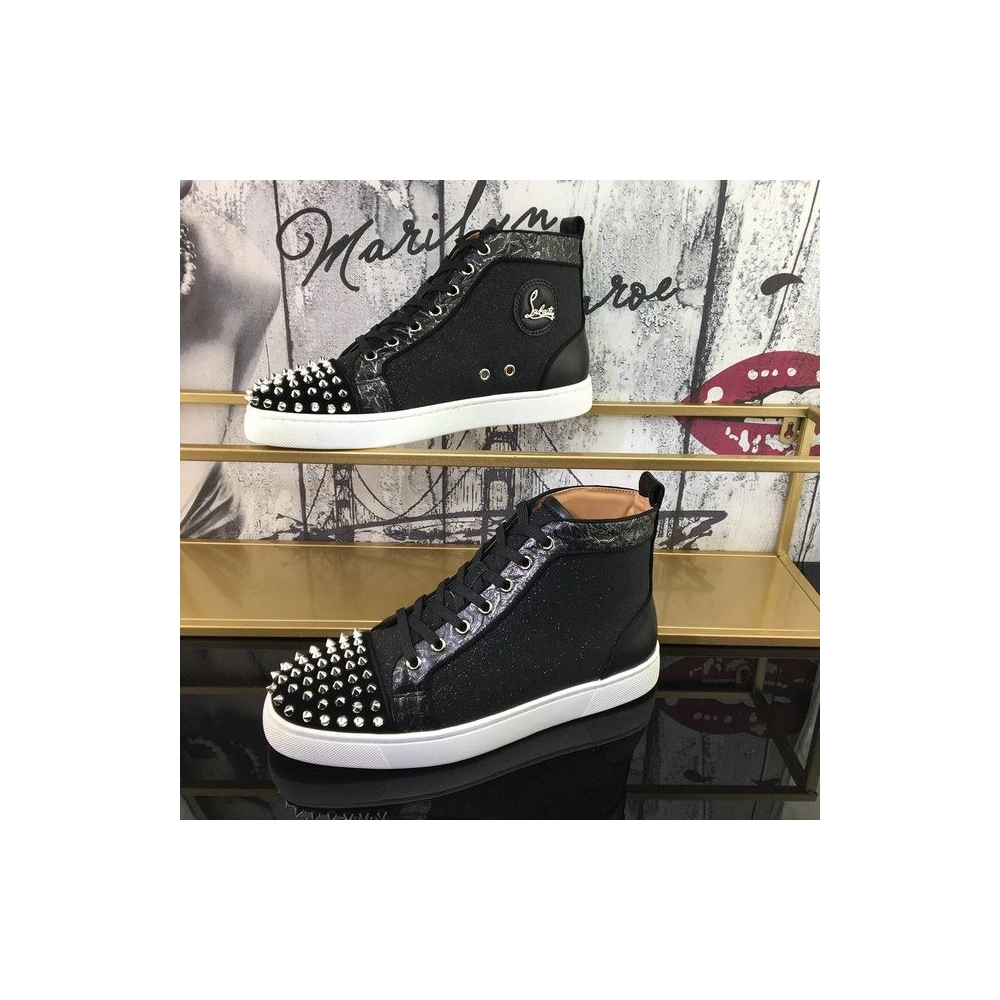 Fake Christian Louboutin Lou Spikes Orlato High-top Sneakers Nubuck And Leather Black White