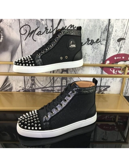 Fake Christian Louboutin Lou Spikes Orlato High-top Sneakers Nubuck And Leather Black White