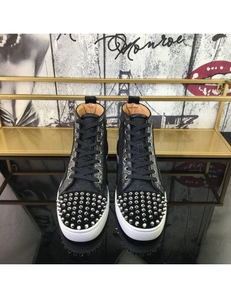 Fake Christian Louboutin Lou Spikes Orlato High-top Sneakers Nubuck And Leather Black White