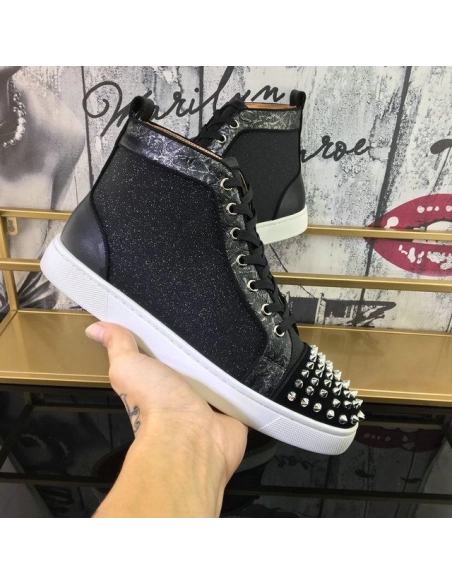 Fake Christian Louboutin Lou Spikes Orlato High-top Sneakers Nubuck And Leather Black White