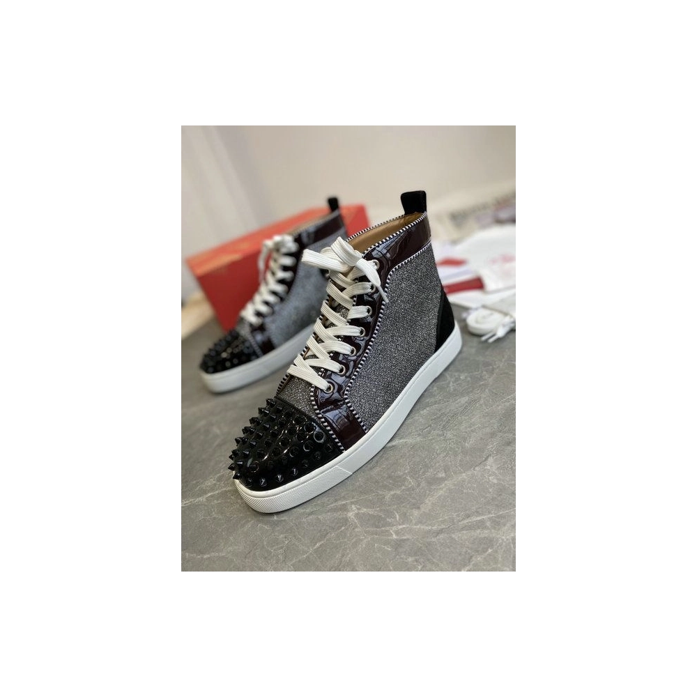 Cheap Christian Louboutin Lou Spikes Orlato High-top Sneakers Patent Leather and Fabric Black Gray for Sale