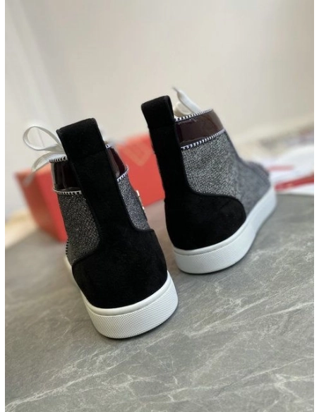 Cheap Christian Louboutin Lou Spikes Orlato High-top Sneakers Patent Leather and Fabric Black Gray for Sale