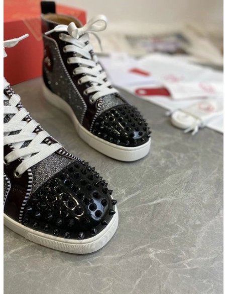 Cheap Christian Louboutin Lou Spikes Orlato High-top Sneakers Patent Leather and Fabric Black Gray for Sale