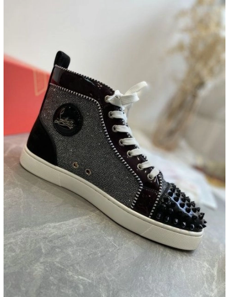 Cheap Christian Louboutin Lou Spikes Orlato High-top Sneakers Patent Leather and Fabric Black Gray for Sale