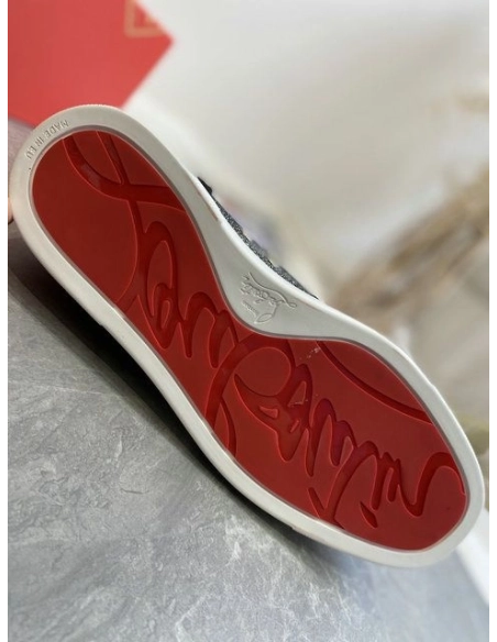 Cheap Christian Louboutin Lou Spikes Orlato High-top Sneakers Patent Leather and Fabric Black Gray for Sale