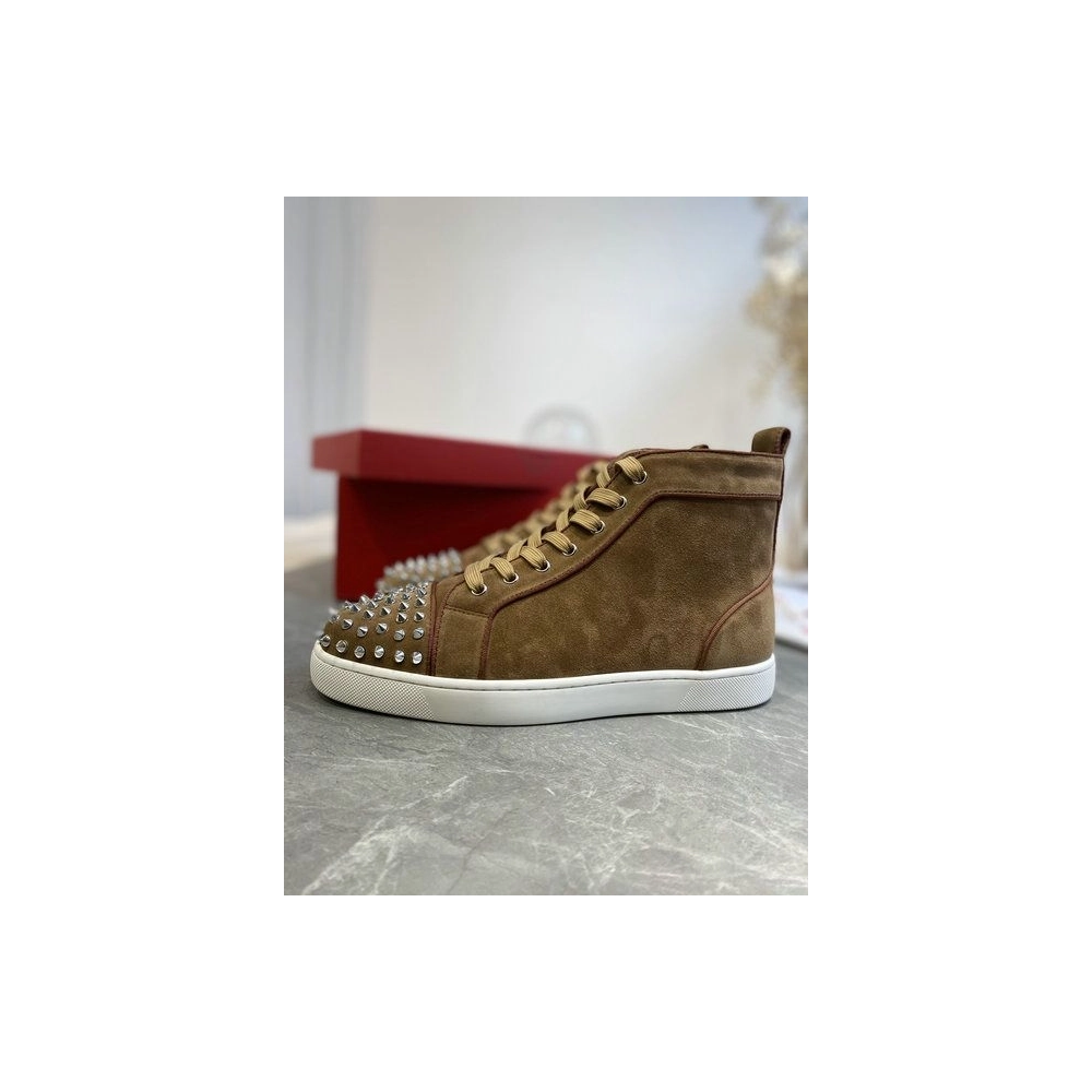 Replica Christian Louboutin Lou Spikes High-top Sneakers Suede Brown, Fake CL Shoes