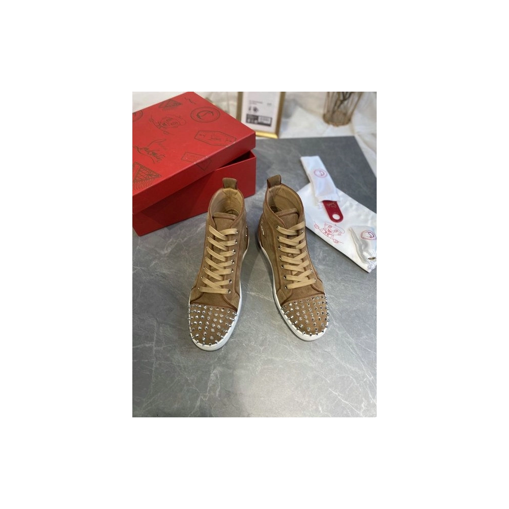 Replica Christian Louboutin Lou Spikes High-top Sneakers Suede Brown, Fake CL Shoes