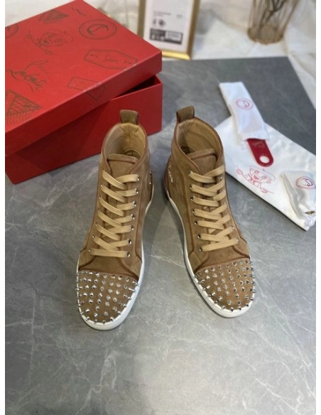 Replica Christian Louboutin Lou Spikes High-top Sneakers Suede Brown, Fake CL Shoes