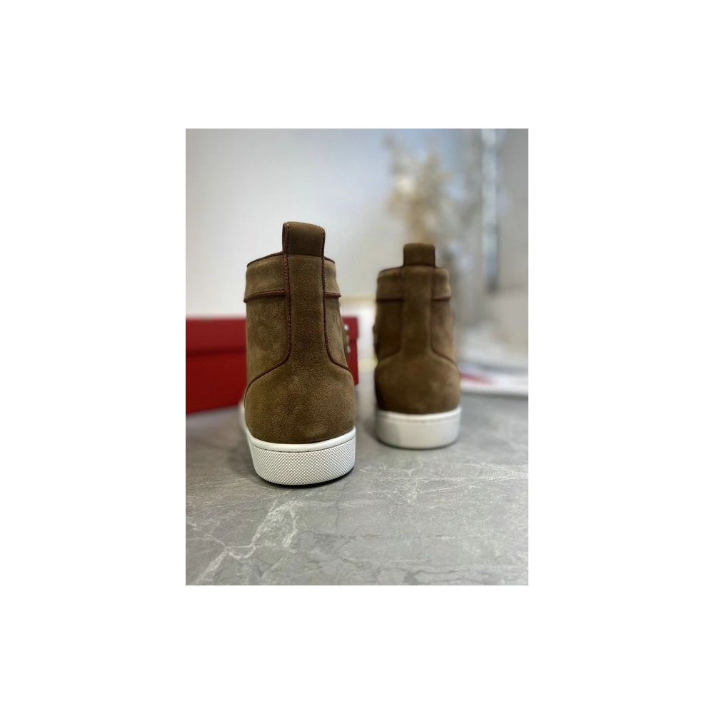 Replica Christian Louboutin Lou Spikes High-top Sneakers Suede Brown, Fake CL Shoes