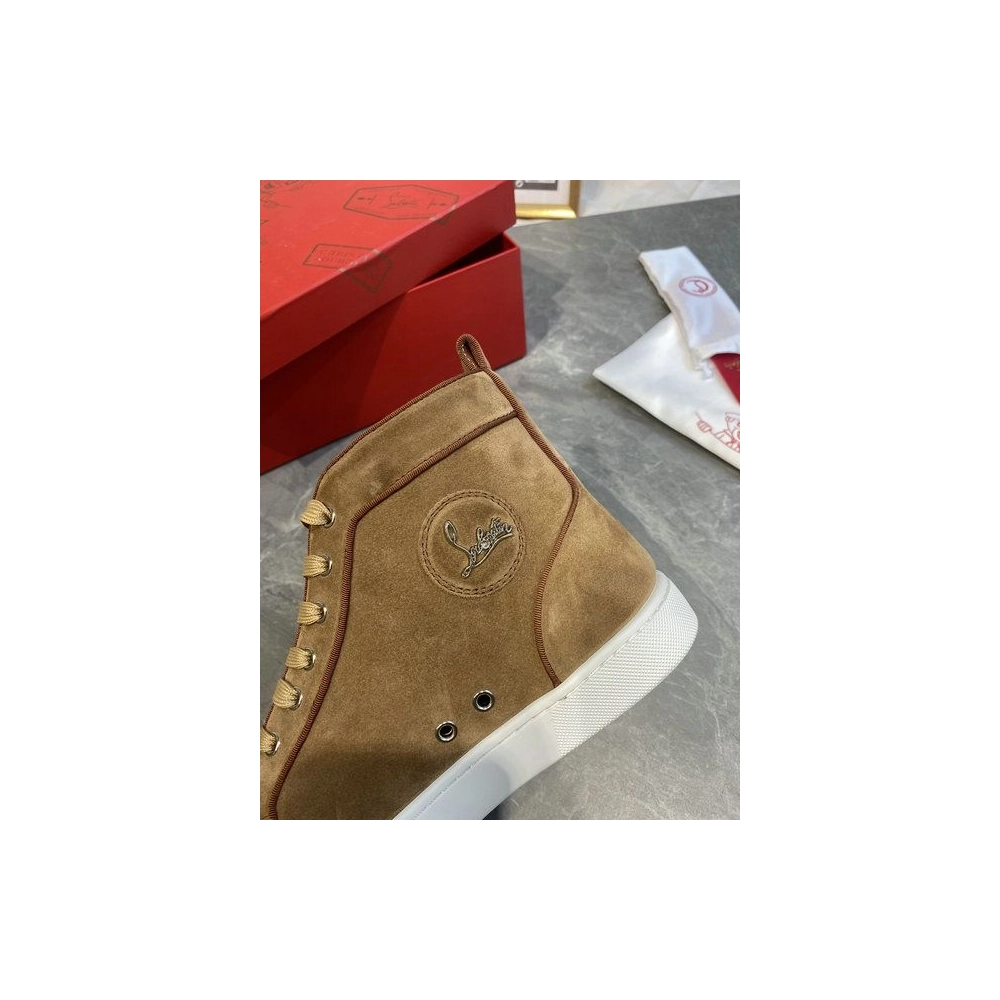Replica Christian Louboutin Lou Spikes High-top Sneakers Suede Brown, Fake CL Shoes