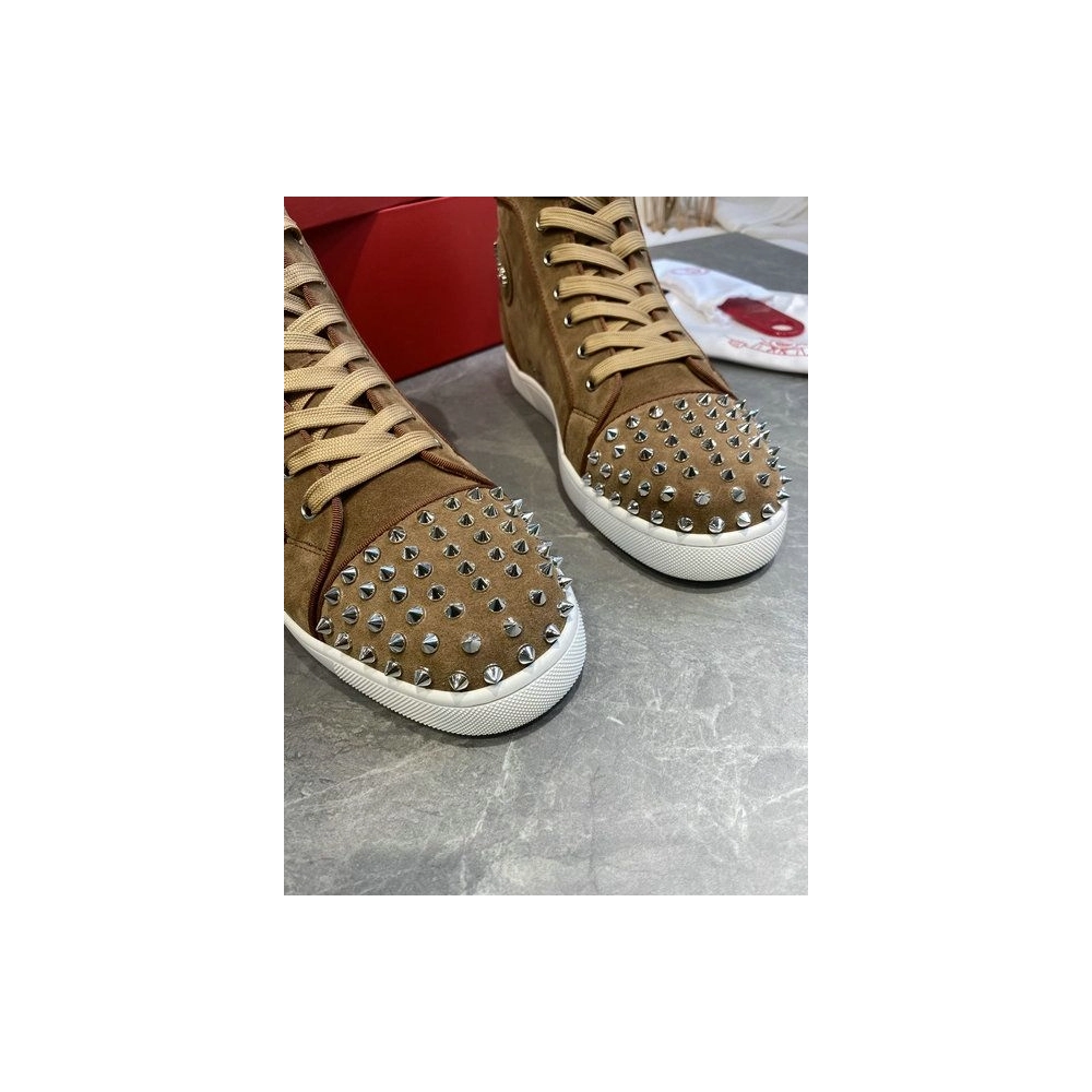 Replica Christian Louboutin Lou Spikes High-top Sneakers Suede Brown, Fake CL Shoes