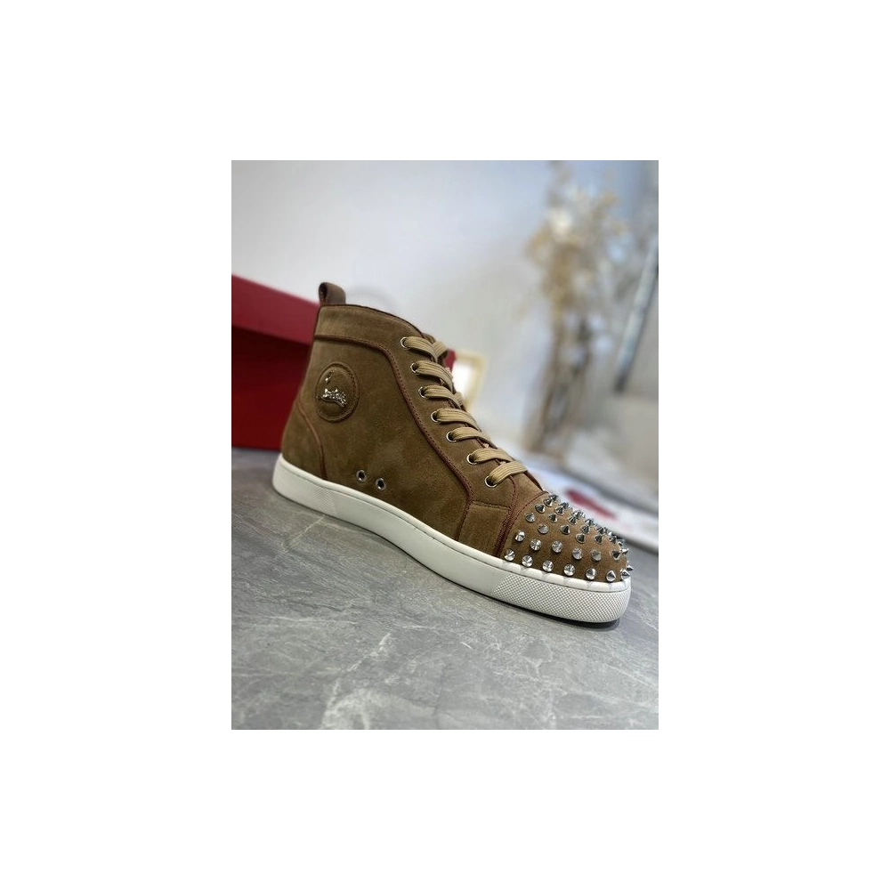Replica Christian Louboutin Lou Spikes High-top Sneakers Suede Brown, Fake CL Shoes