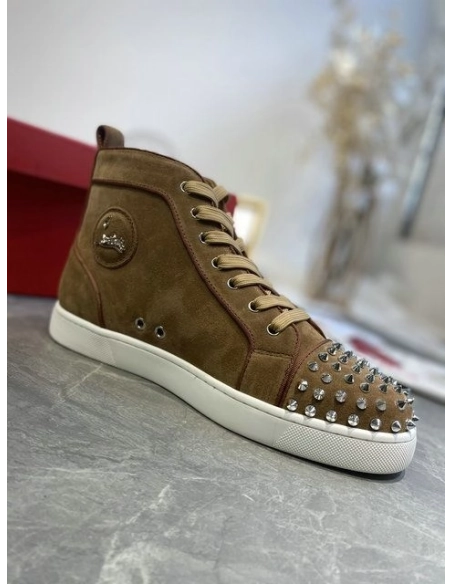 Replica Christian Louboutin Lou Spikes High-top Sneakers Suede Brown, Fake CL Shoes