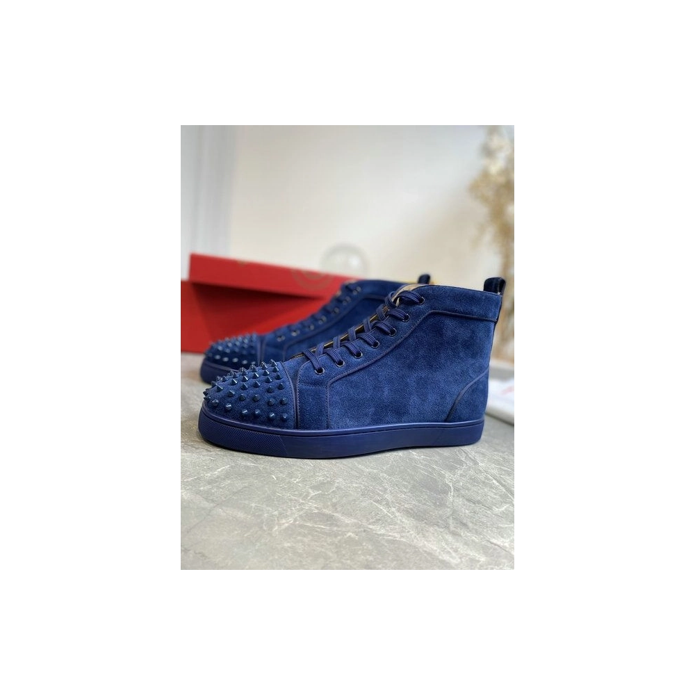 Discount Christian Louboutin Lou Spikes High-top Sneakers Suede Navy Blue Outlet Sale