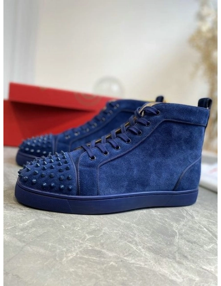Discount Christian Louboutin Lou Spikes High-top Sneakers Suede Navy Blue Outlet Sale