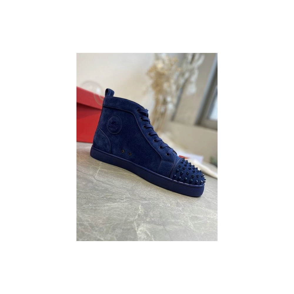 Discount Christian Louboutin Lou Spikes High-top Sneakers Suede Navy Blue Outlet Sale