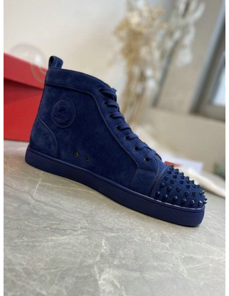 Discount Christian Louboutin Lou Spikes High-top Sneakers Suede Navy Blue Outlet Sale