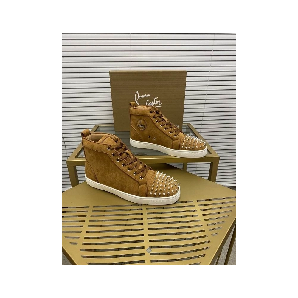 Cheap Christian Louboutin Lou Spikes Orlato High-top Sneakers Suede Leather Brown for Sale