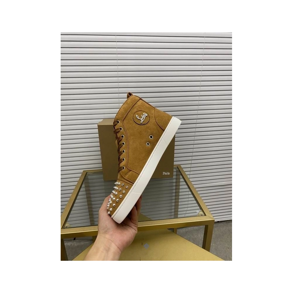Cheap Christian Louboutin Lou Spikes Orlato High-top Sneakers Suede Leather Brown for Sale