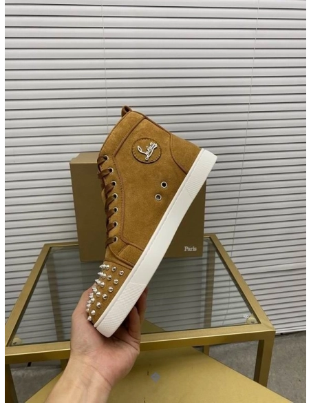 Cheap Christian Louboutin Lou Spikes Orlato High-top Sneakers Suede Leather Brown for Sale