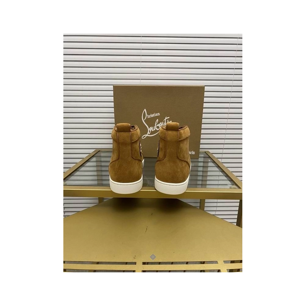 Cheap Christian Louboutin Lou Spikes Orlato High-top Sneakers Suede Leather Brown for Sale
