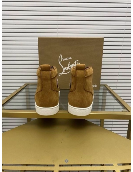 Cheap Christian Louboutin Lou Spikes Orlato High-top Sneakers Suede Leather Brown for Sale