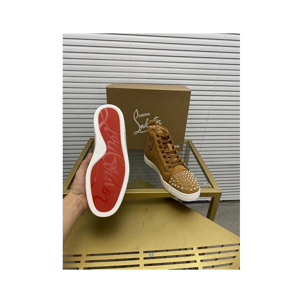 Cheap Christian Louboutin Lou Spikes Orlato High-top Sneakers Suede Leather Brown for Sale