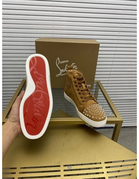 Cheap Christian Louboutin Lou Spikes Orlato High-top Sneakers Suede Leather Brown for Sale