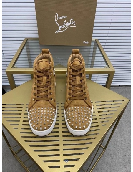 Cheap Christian Louboutin Lou Spikes Orlato High-top Sneakers Suede Leather Brown for Sale