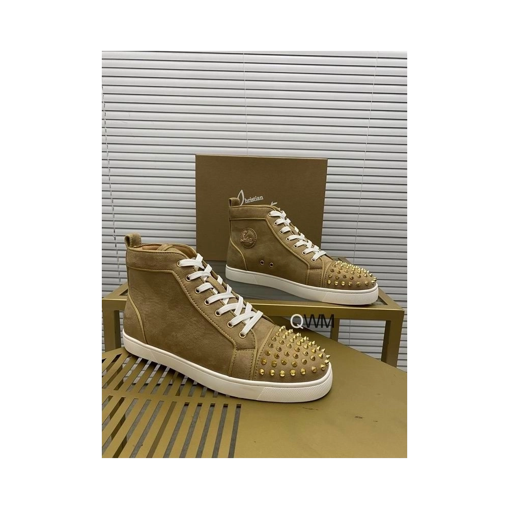 Fake Christian Louboutin Lou Spikes Orlato Flat High Top Sneakers Veau Velours Beige
