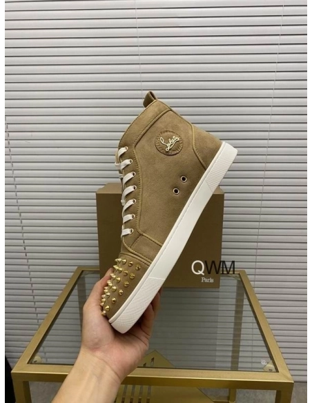 Fake Christian Louboutin Lou Spikes Orlato Flat High Top Sneakers Veau Velours Beige