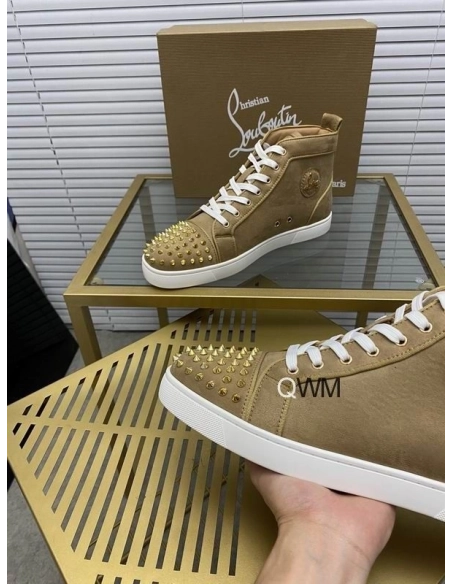Fake Christian Louboutin Lou Spikes Orlato Flat High Top Sneakers Veau Velours Beige