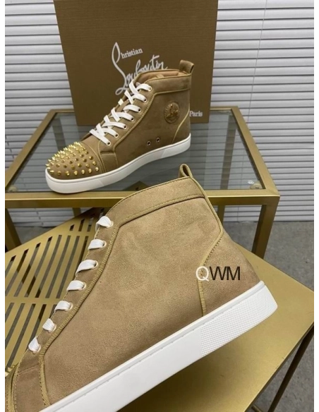 Fake Christian Louboutin Lou Spikes Orlato Flat High Top Sneakers Veau Velours Beige