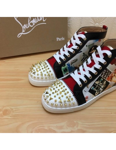 Cheap Christian Louboutin Lou Spikes Orlato High-top Sneakers Velvet and Calf Multicolor for Sale