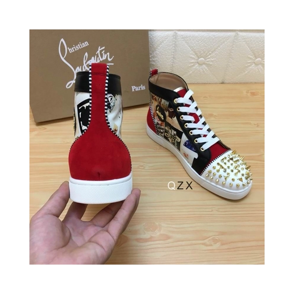 Cheap Christian Louboutin Lou Spikes Orlato High-top Sneakers Velvet and Calf Multicolor for Sale