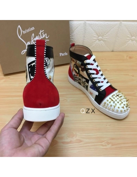 Cheap Christian Louboutin Lou Spikes Orlato High-top Sneakers Velvet and Calf Multicolor for Sale