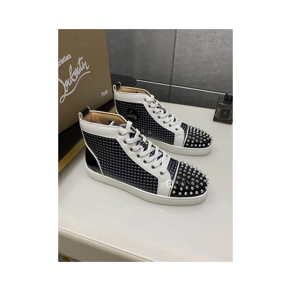 Fake Christian Louboutin Lou Spikes Orlato High-top Sneakers Canvas And Leather Black White Navy