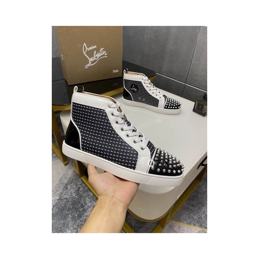 Fake Christian Louboutin Lou Spikes Orlato High-top Sneakers Canvas And Leather Black White Navy