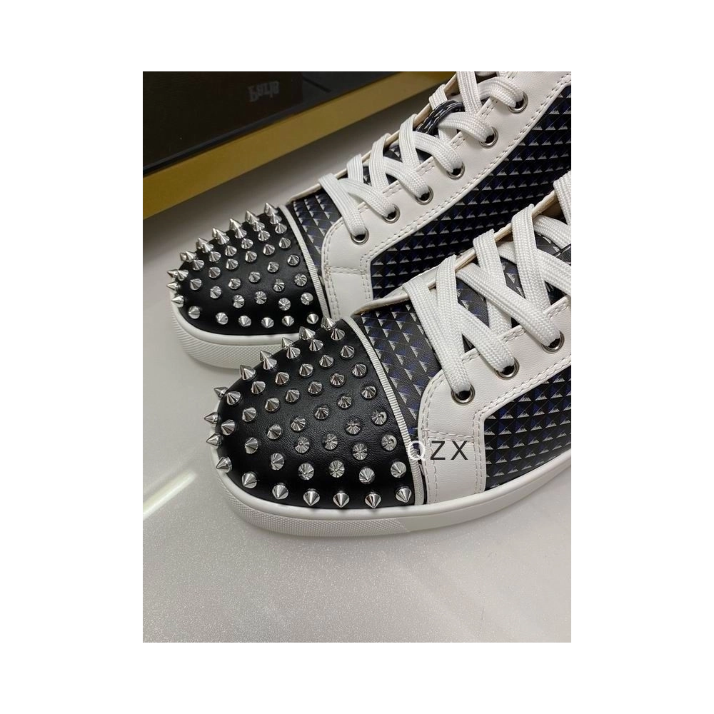 Fake Christian Louboutin Lou Spikes Orlato High-top Sneakers Canvas And Leather Black White Navy
