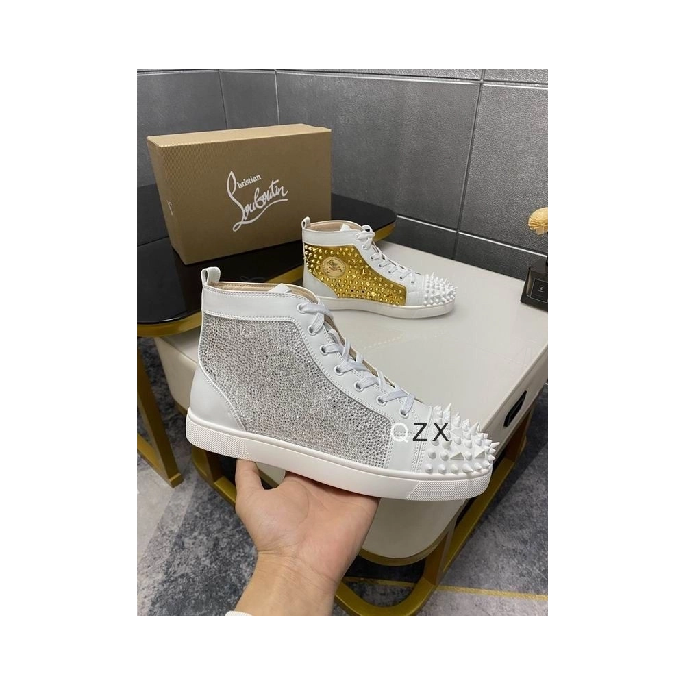 Discount Christian Louboutin Lou Spikes High-top Sneakers Strass and Spikes White Gold Outlet