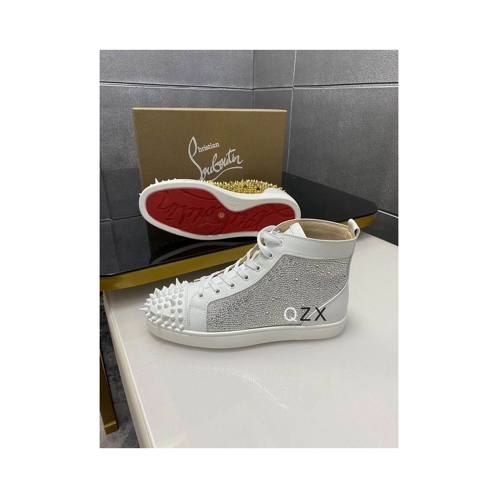 Discount Christian Louboutin Lou Spikes High-top Sneakers Strass and Spikes White Gold Outlet