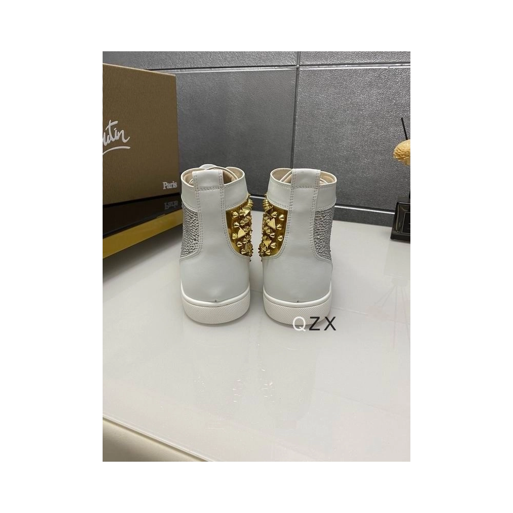 Discount Christian Louboutin Lou Spikes High-top Sneakers Strass and Spikes White Gold Outlet