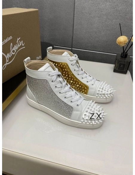 Discount Christian Louboutin Lou Spikes High-top Sneakers Strass and Spikes White Gold Outlet