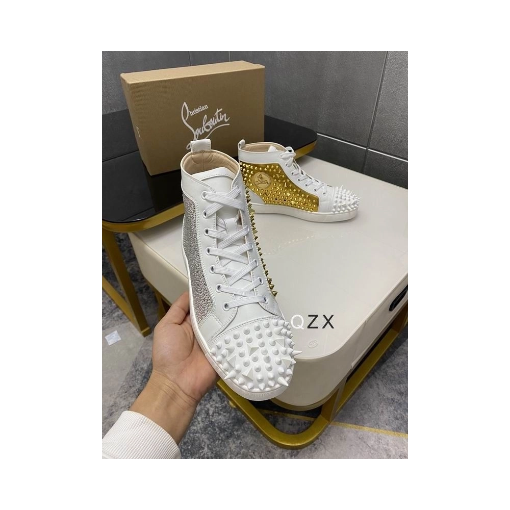Discount Christian Louboutin Lou Spikes High-top Sneakers Strass and Spikes White Gold Outlet