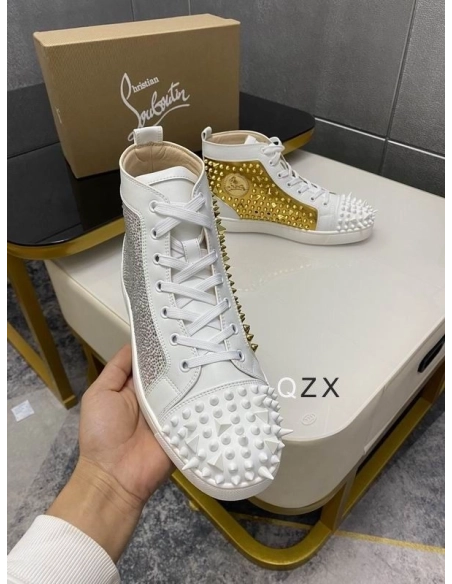 Discount Christian Louboutin Lou Spikes High-top Sneakers Strass and Spikes White Gold Outlet