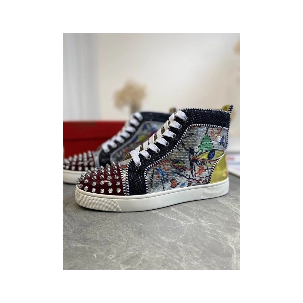 Replica Christian Louboutin Lou Spikes High-top Sneakers Graffiti Sequin And Leather Multicolor