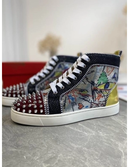 Replica Christian Louboutin Lou Spikes High-top Sneakers Graffiti Sequin And Leather Multicolor
