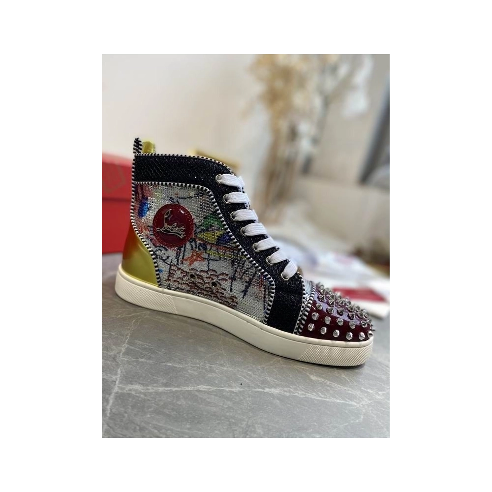 Replica Christian Louboutin Lou Spikes High-top Sneakers Graffiti Sequin And Leather Multicolor